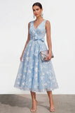 Blue Floral A Line Midi Wedding Guest Dress with Bow