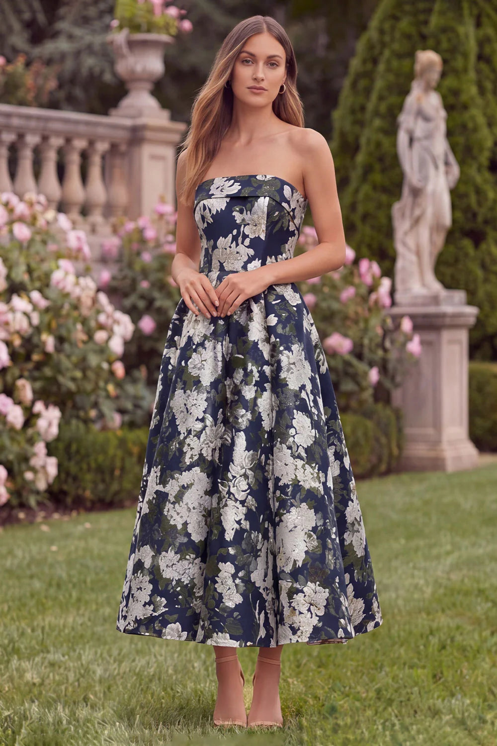 Strapless A Line Navy Floral Wedding Guest Dress
