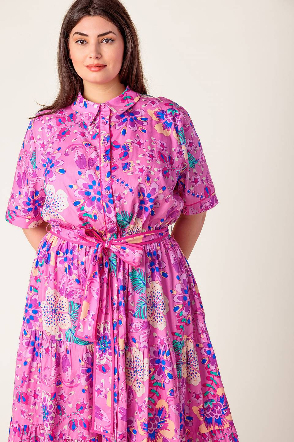 PETAL PRESS PINK PURPLE FLORAL MIDI DRESS