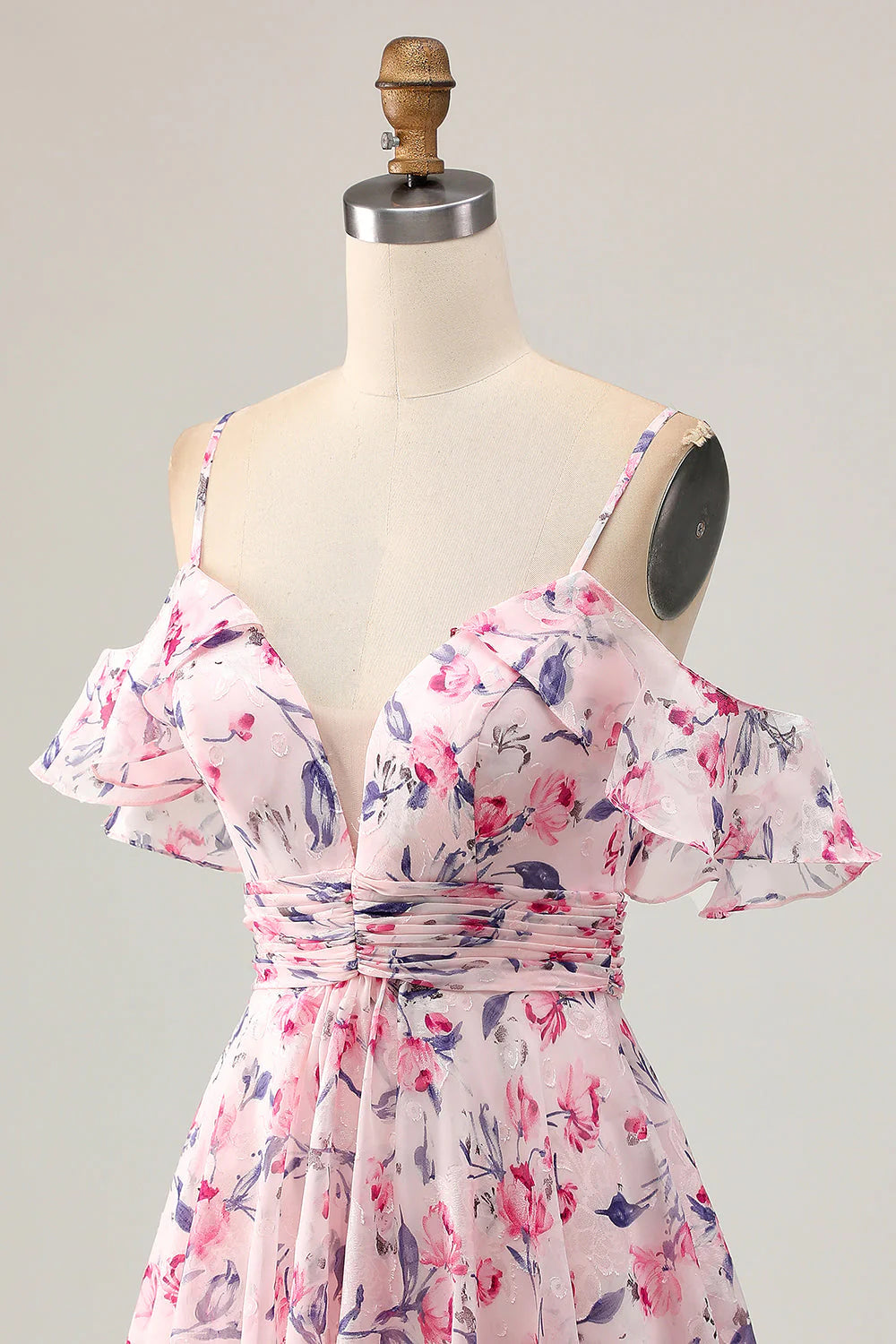 Cold Shoulder A Line Pink Floral Short Homecoming Dress