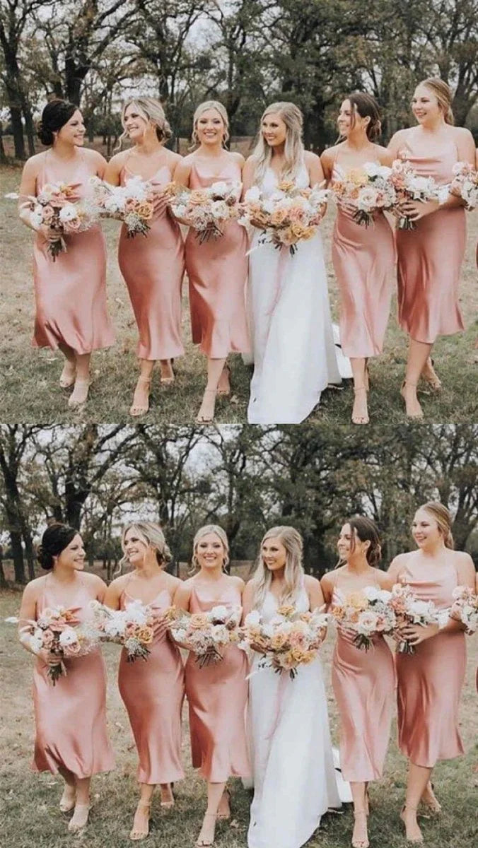 Spaghetti Straps Cowl Neck Tea Length Champagne Sheath Bridesmaid Dress