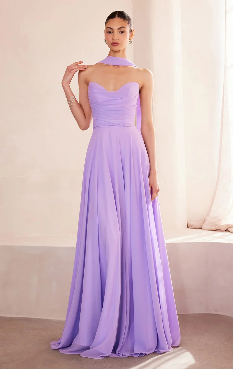 Ella Gown A line Strapless Chiffon Dress With Scarf