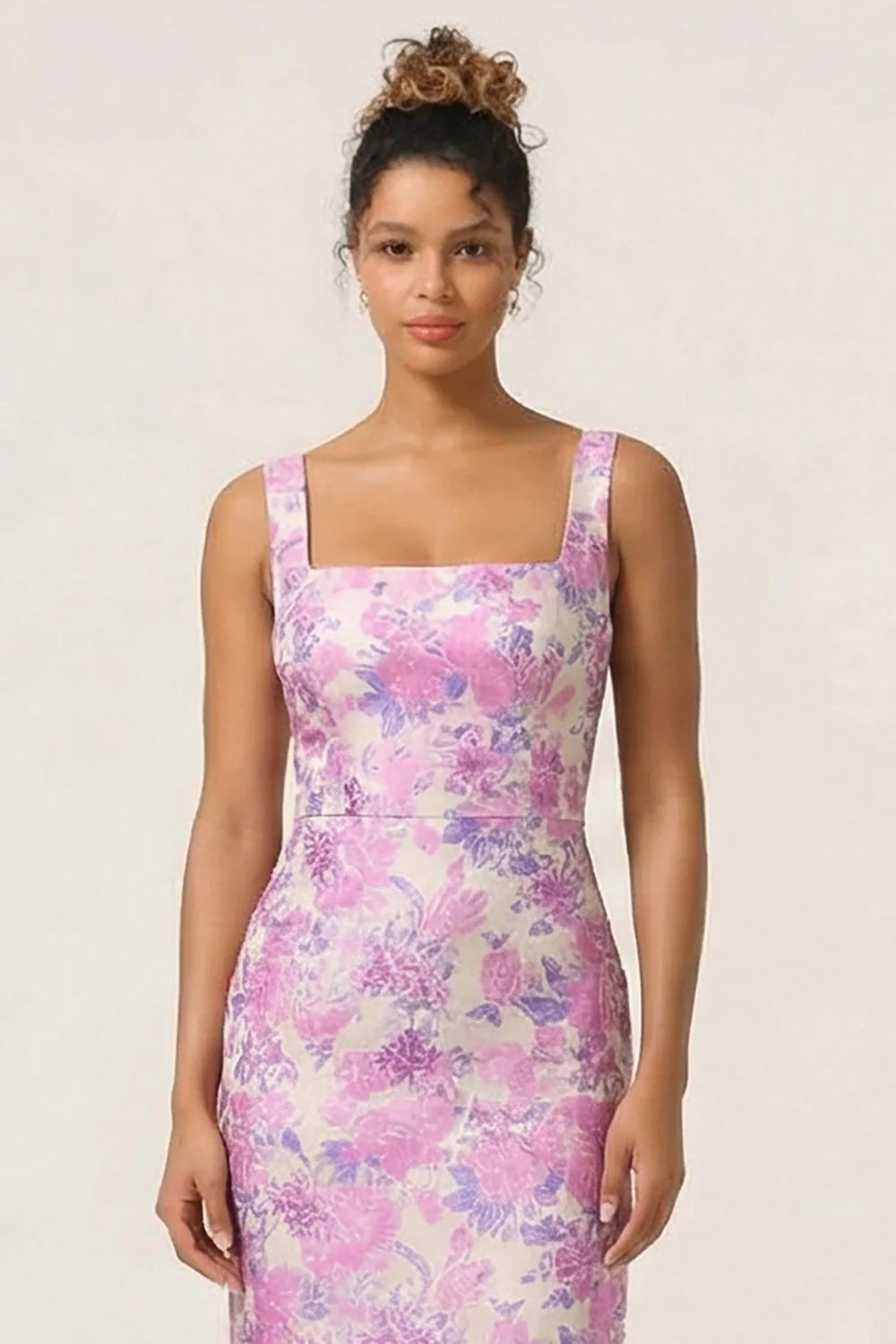 Lilac Flower Sheath Square Neck Ankle Length Wedding Guest Dress