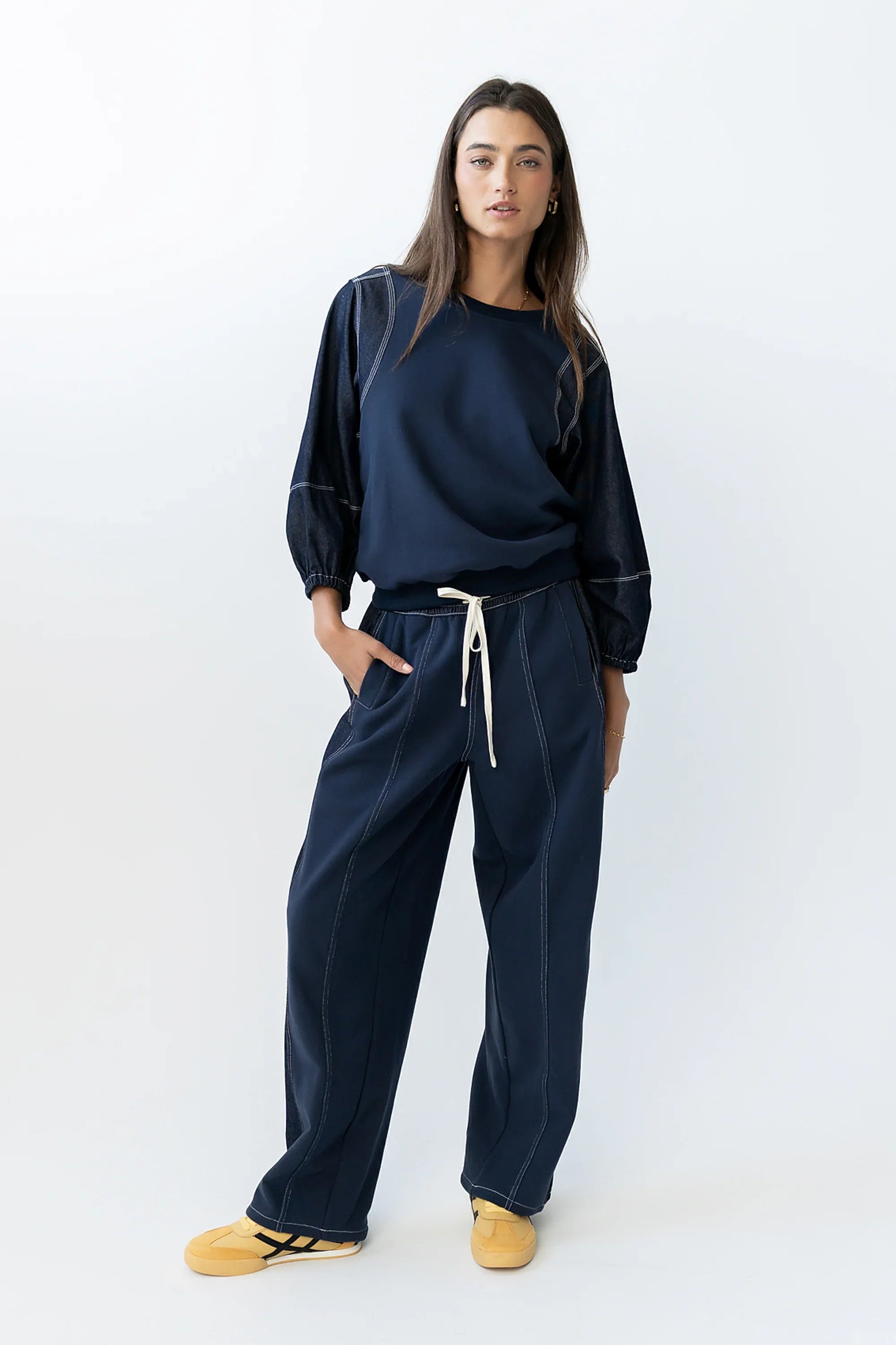 Malinda Mixed Media Baggy Pants in Dark Wash FINAL SALE