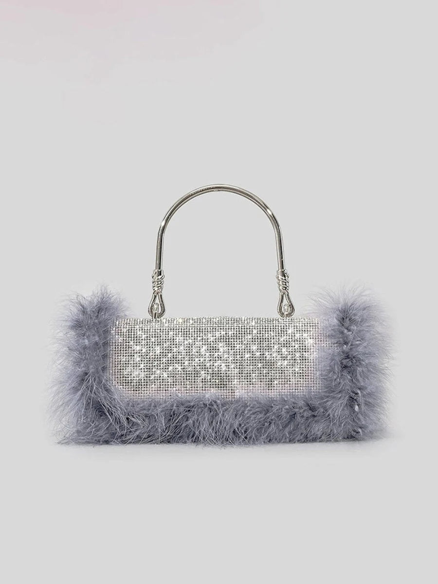 Womens Furry Rhionestones Evening Clutch Bags