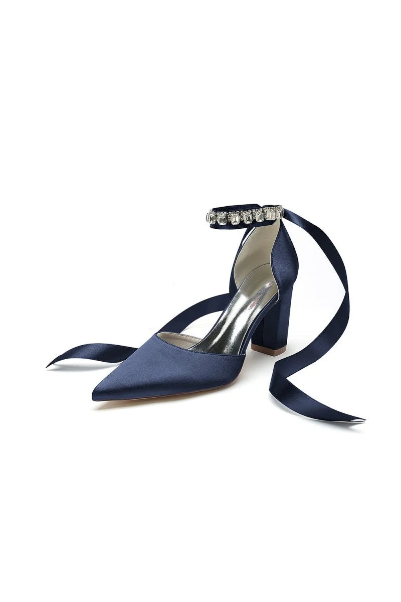 Rhinestone Ribbon Pointed Toe Ankle Strap Chunky Heel
