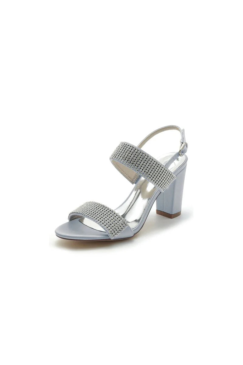 Open Toe Beaded Buckle Satin Chunky Heels