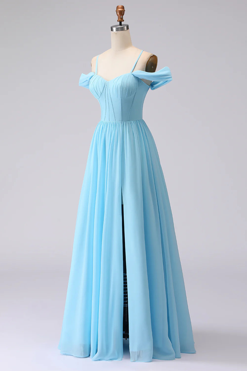 Cold Shoulder Sky Blue A Line Corset Long Bridesmaid Dress with Slit