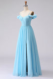 Cold Shoulder Sky Blue A Line Corset Long Bridesmaid Dress with Slit