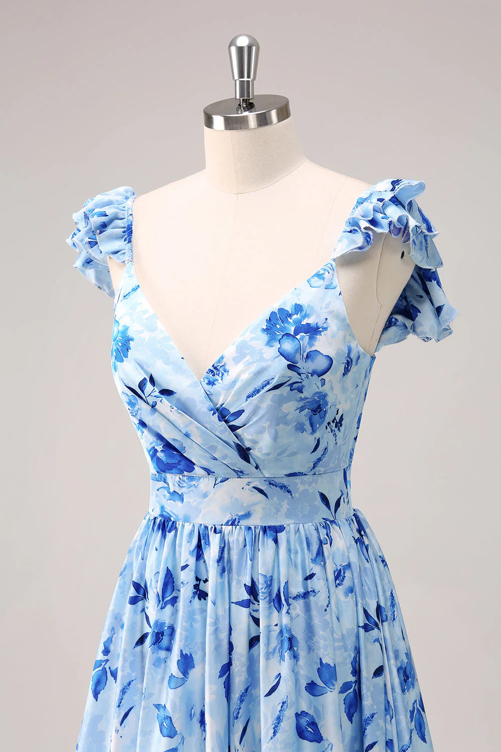 Blue A Line Off The Shoulder Print Floral Ruched Long Bridesmaid Dress