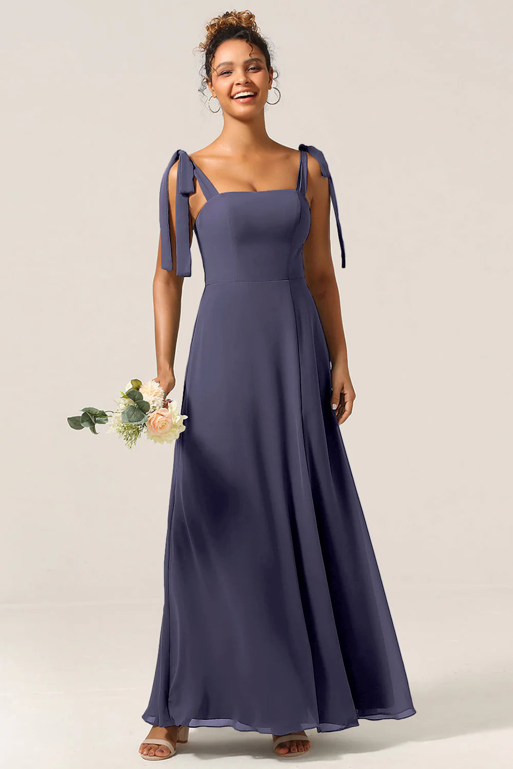 A Line Spaghetti Straps Floor Length Chiffon Bridesmaid Dress with Slit