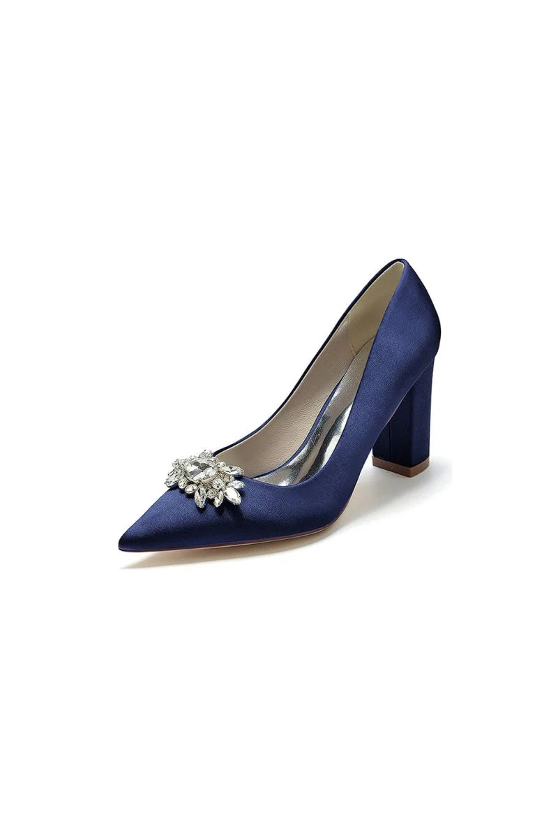 Pointed Toe Chunky Heels with Rhinestone