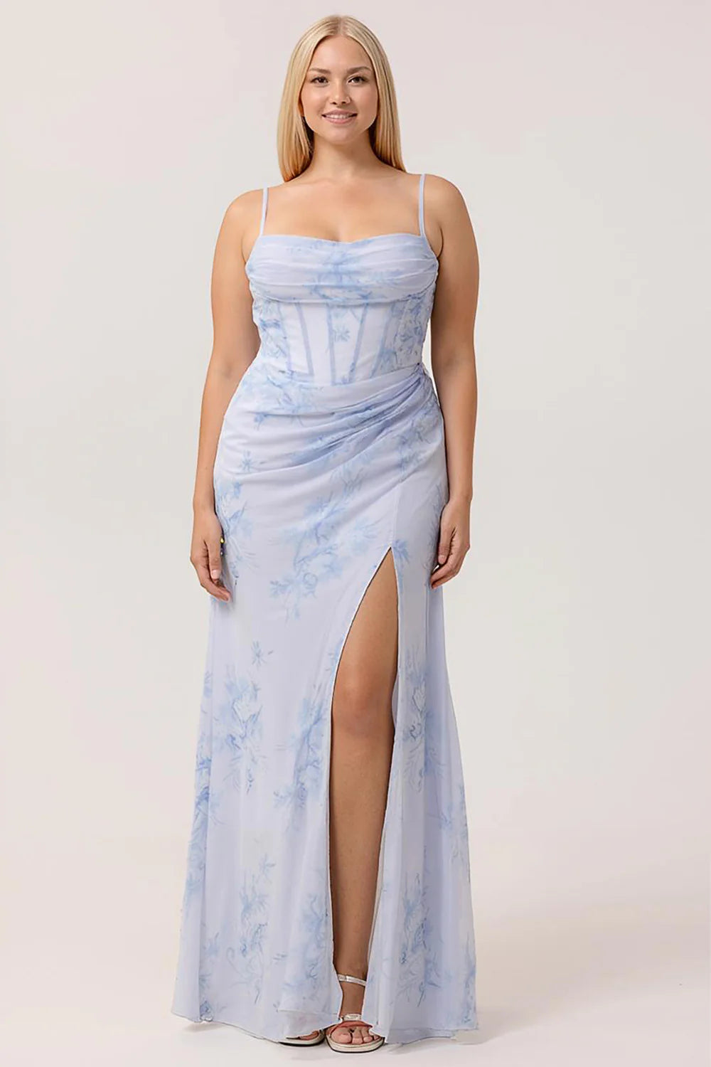 Blue Floral Mermaid Spaghetti Straps Corset Long Bridesmaid Dress with Streamer