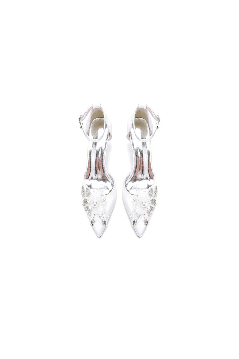 Elegant Ankle Strap White Wedding Shoes With Rhinestone Flower