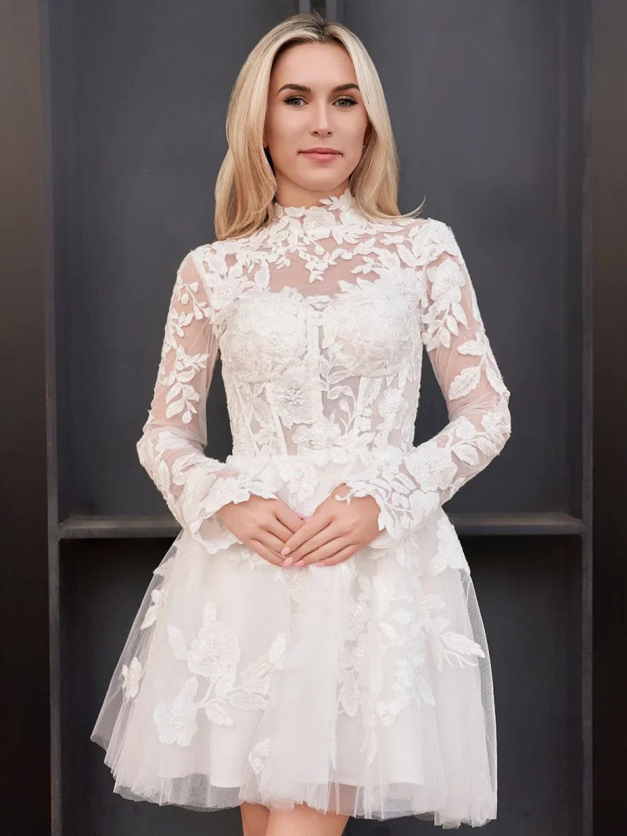 Short White A Line Illusion Neck Long Sleeves Lace Wedding Dresses