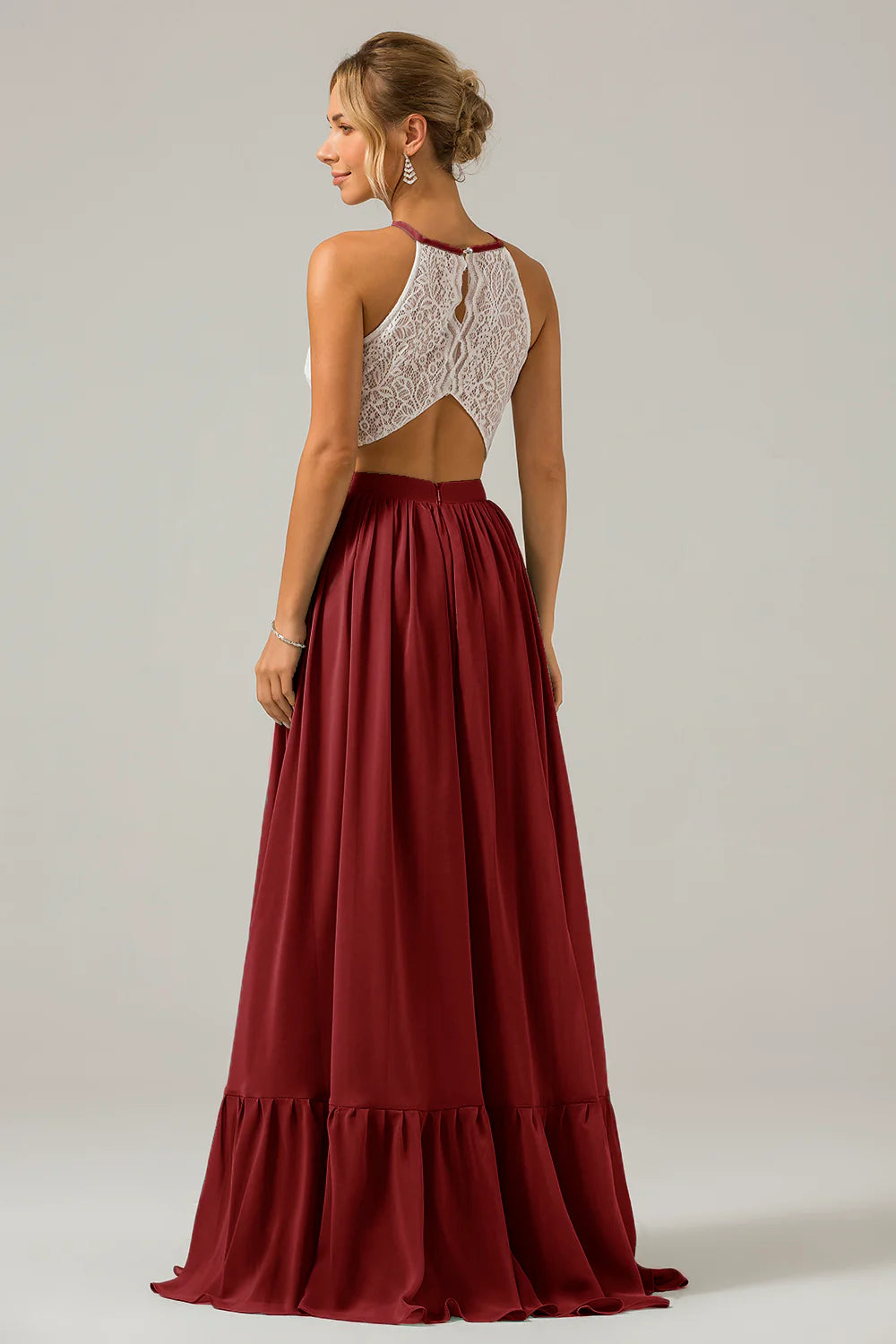 A Line Halter Pleated Keyhole Chiffon Bridesmaid Dress With Lace