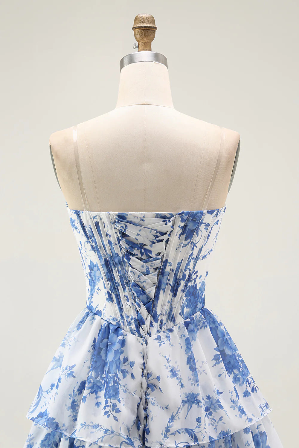 Strapless White Blue Flower A Line Corset Mini Homecoming Dress with Ruffles