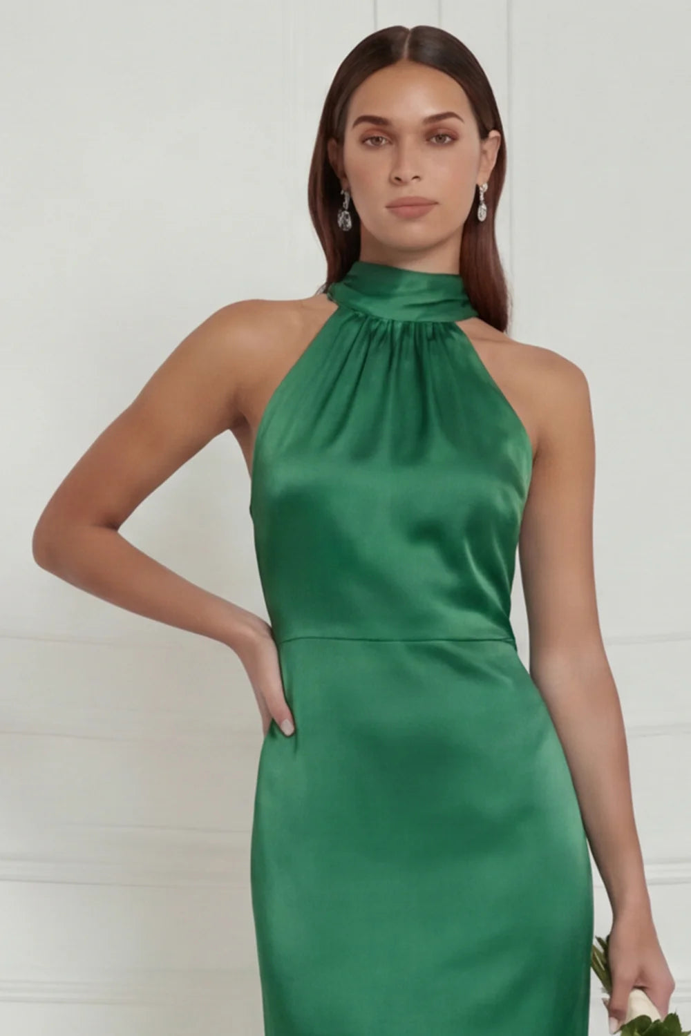 Green Halter Mermaid Satin Long Bridesmaid Dress with Streamer