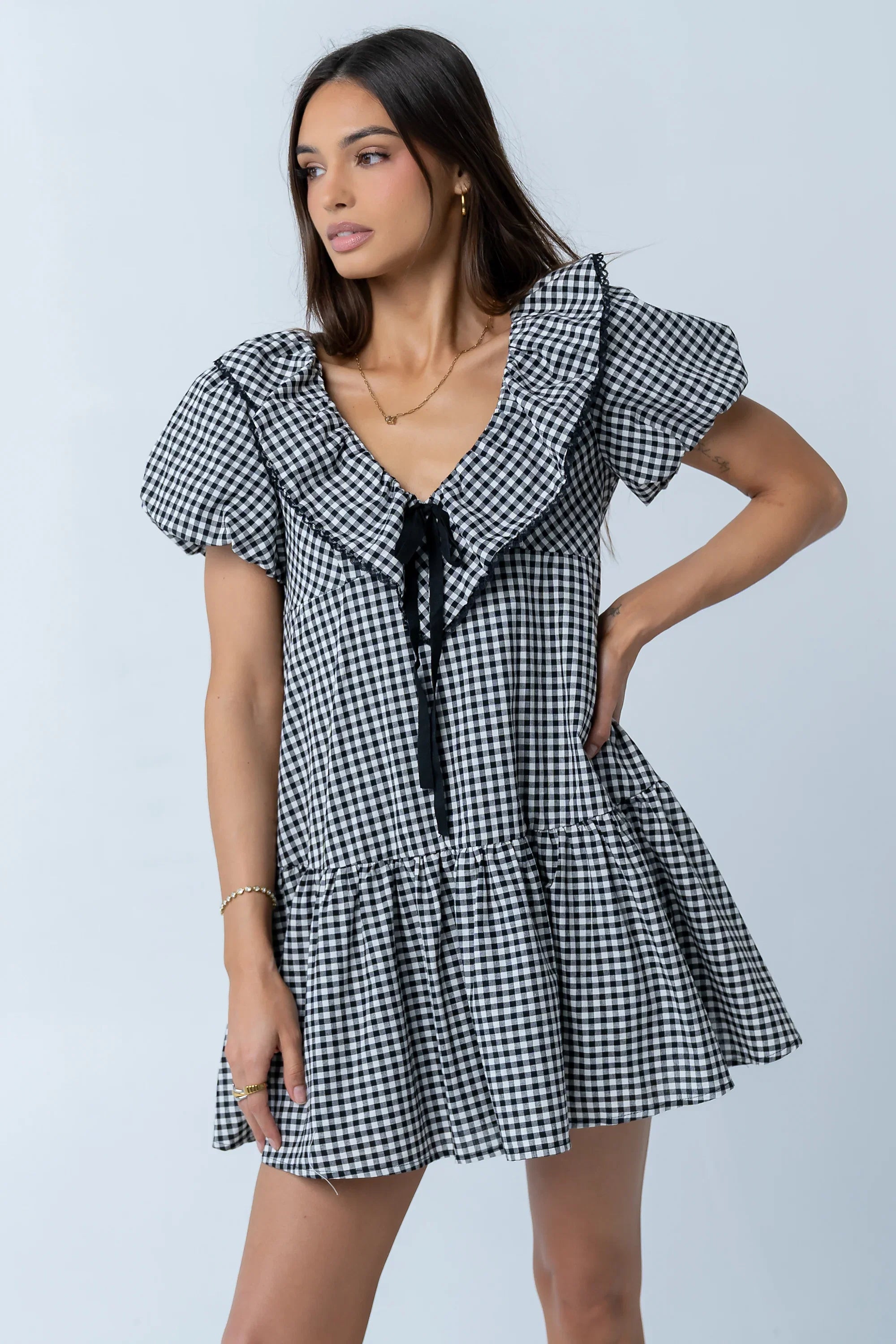 Tony Gingham Baby Doll Dress in Black