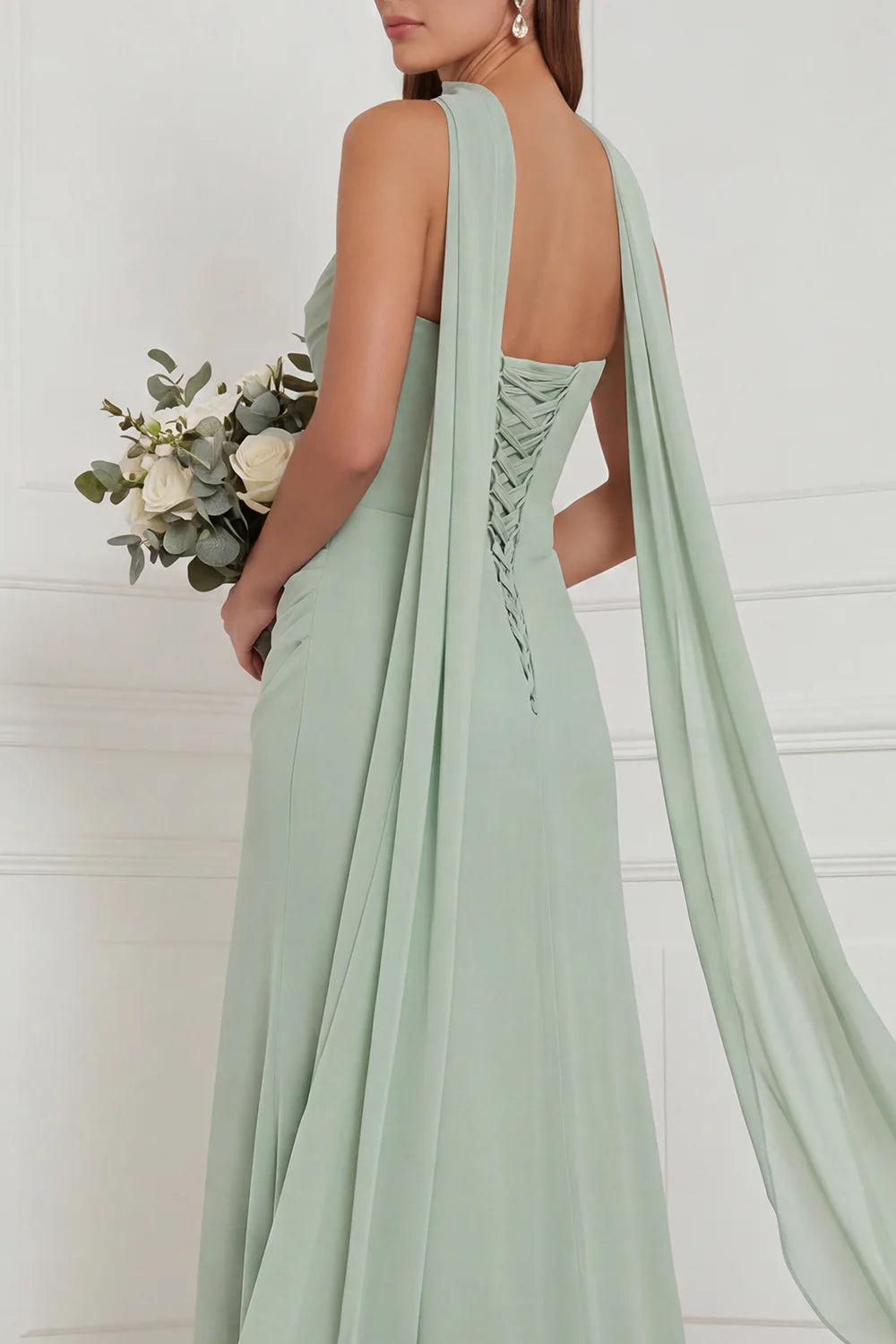 Strapless Ruched Sage Bridesmaid Dress with Scarf