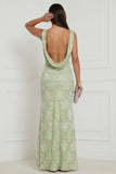 Sage Green Floral Cowl Neck Sheath Long Bridesmaid Dress with Slit