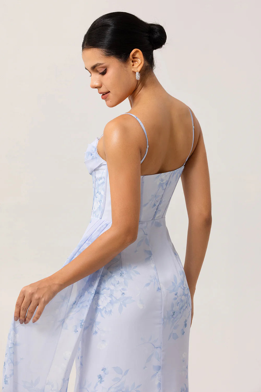 Blue Floral Spaghetti Straps Mermaid Streamer Corset Long Plus Size Bridesmaid Dress with Slit