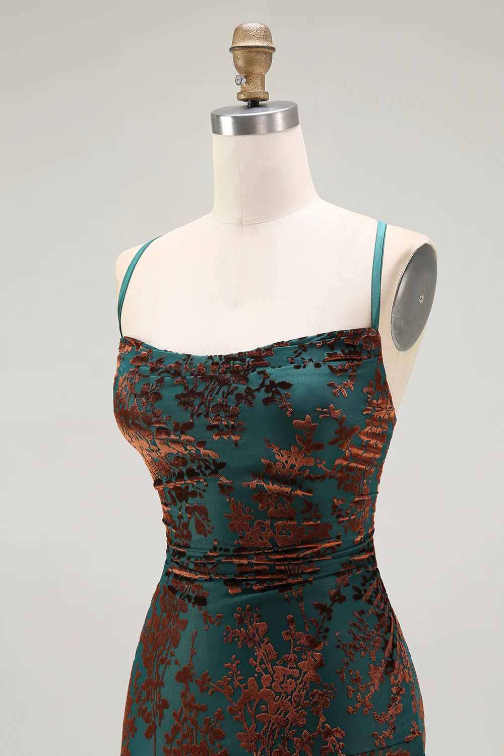 Dark Green Sheath Burnout Velvet Spaghetti Straps Maxi Dress with Lace Up Back