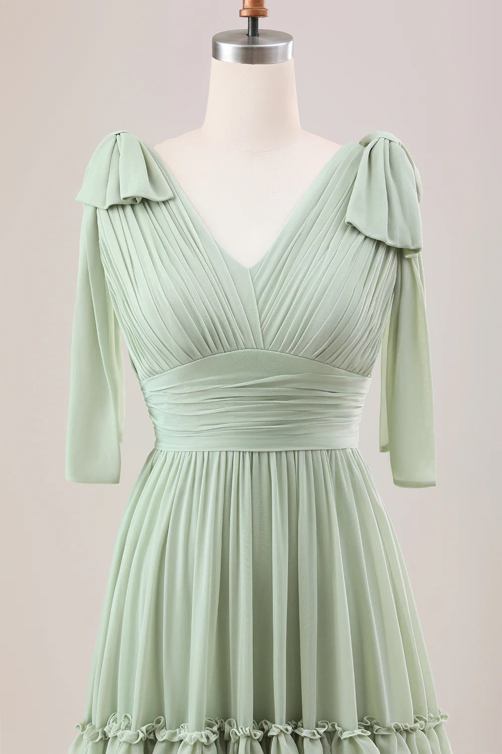 Dusty Sage A Line V Neck Knitted Chiffon Long Bridesmaid Dress With Ruffles