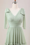 Dusty Sage A Line V Neck Knitted Chiffon Long Bridesmaid Dress With Ruffles