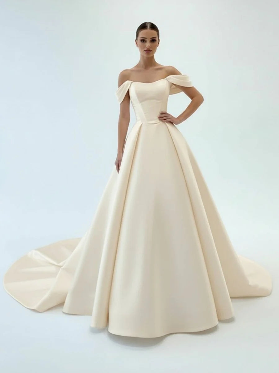 Elegant A Line Off the Shoulder White Satin Wedding Dresses