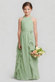 Sage Green Halter A Line Chiffon Long Junior Bridesmaid Dress with Ruffles