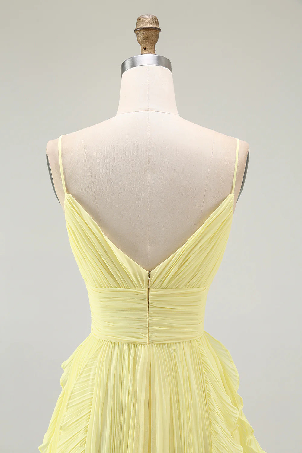 Sunshine Yellow A Line Spaghetti Straps Pleated Long Bridesmaid Dress