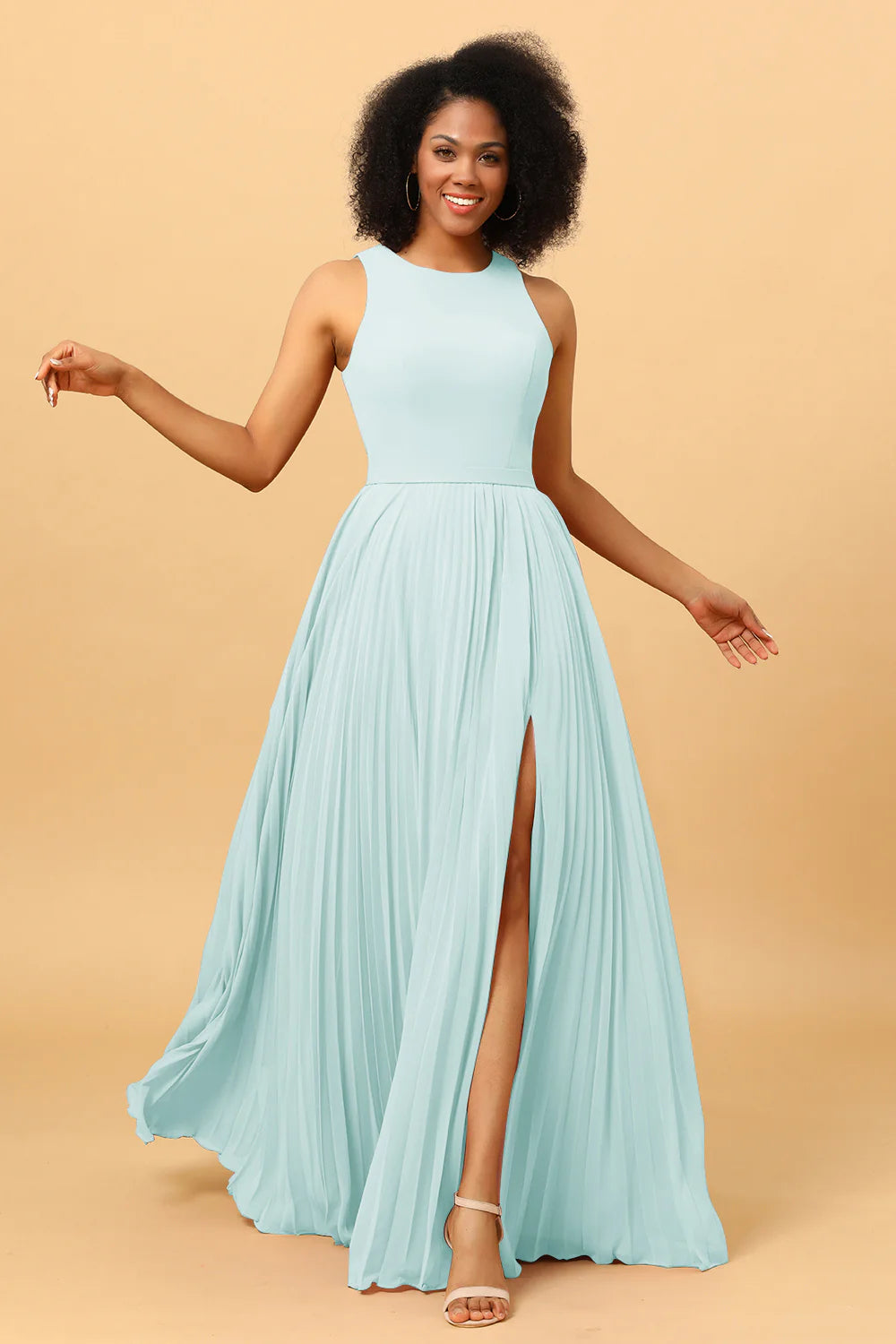 A Line Pleated Long Chiffon Bridesmaid Dress with Ruffles