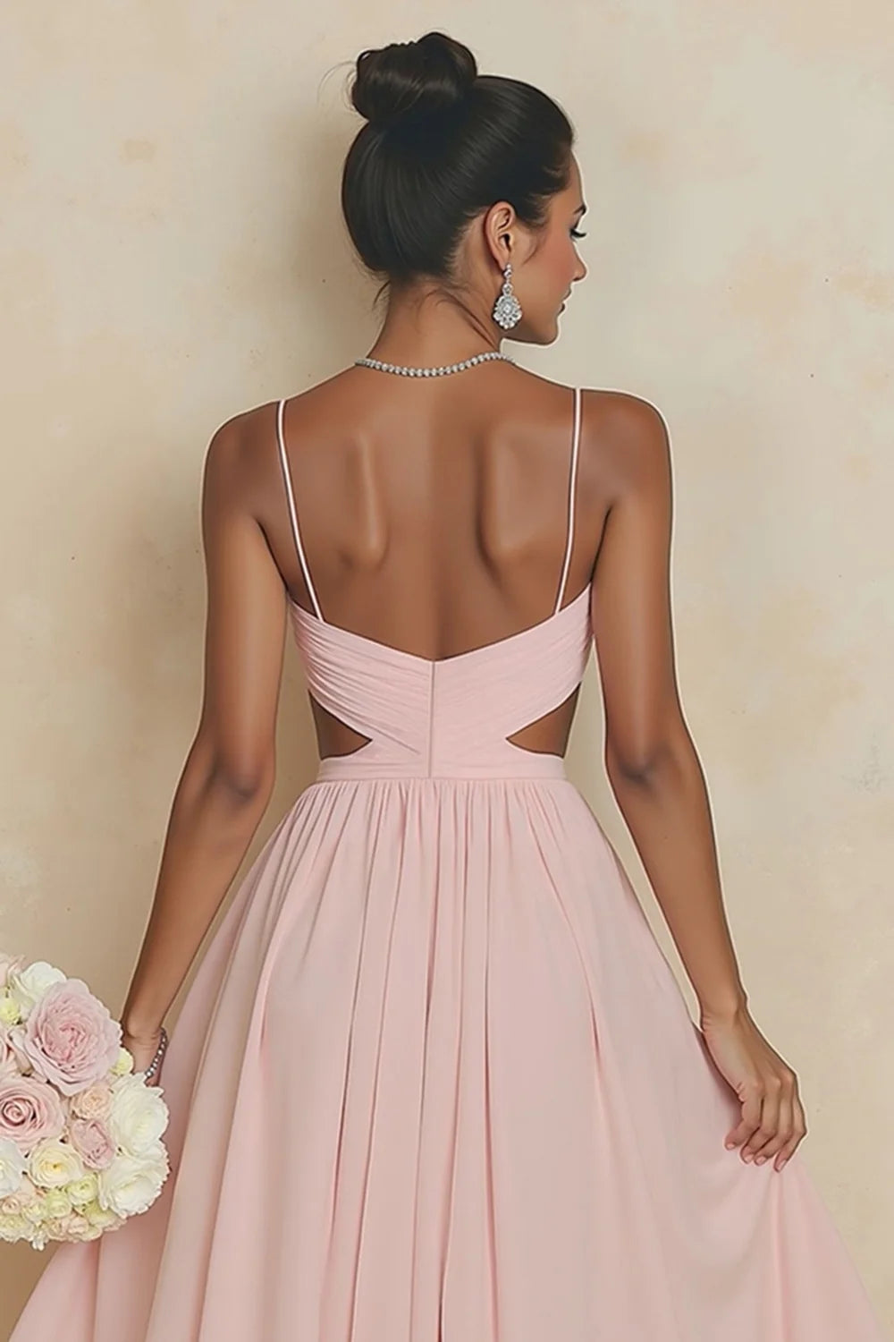 Blush Pink A Line Spaghetti Straps Cut Out Long Bridesmaid Dress