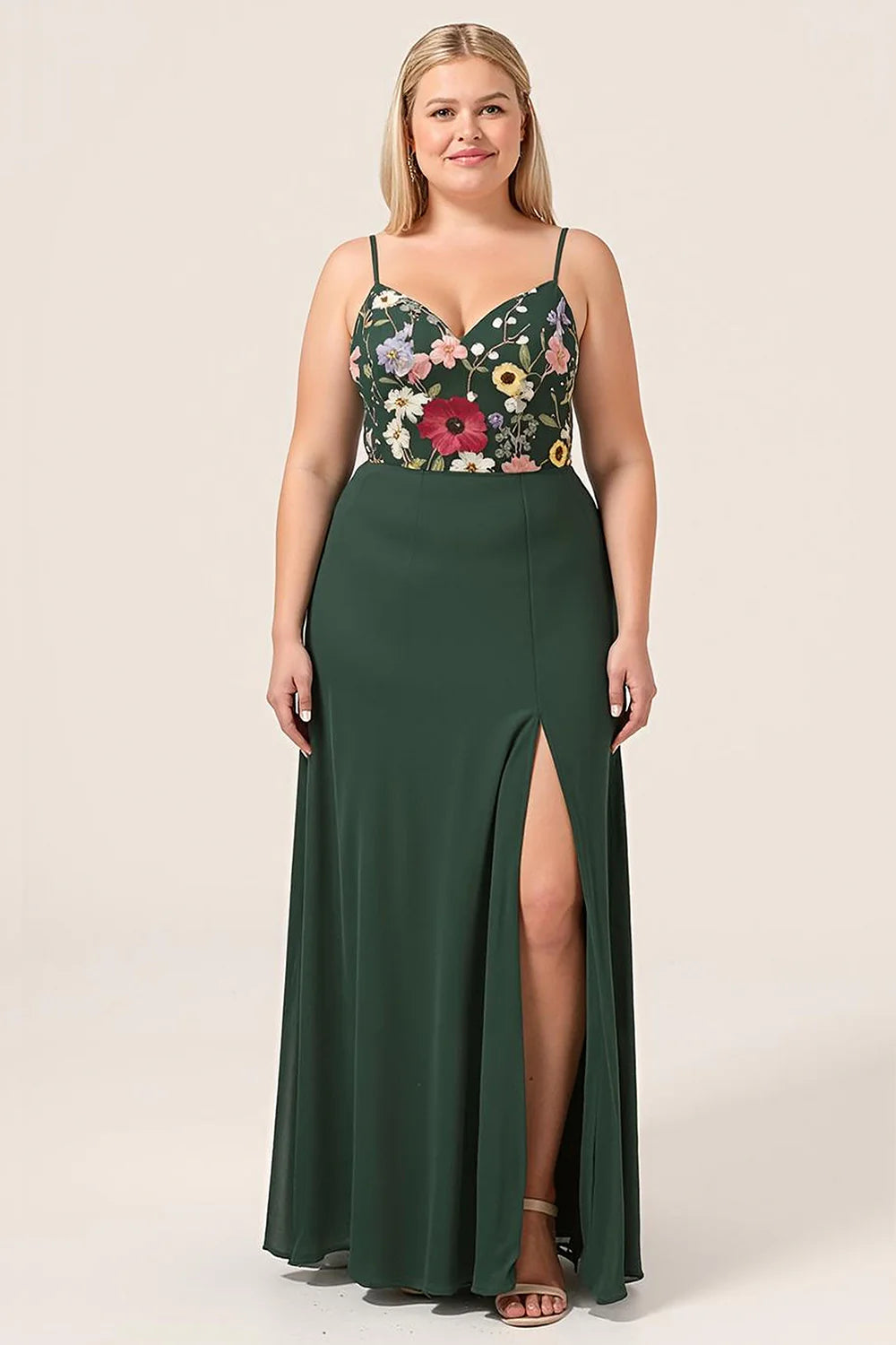 Dark Green A Line Spaghetti Straps Plus Size Chiffon Bridesmaid Dress with 3D Flowers