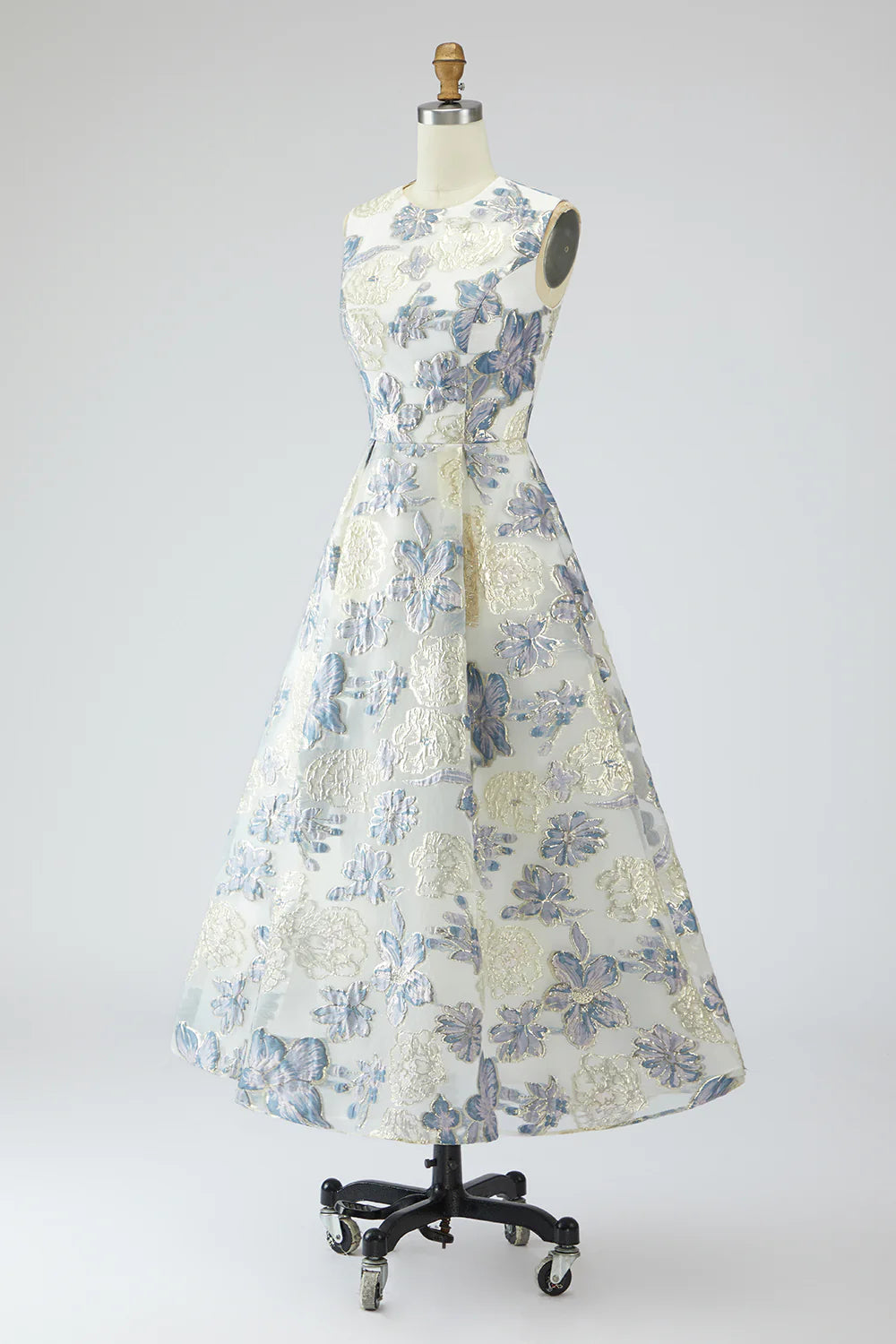 Dusty Blue A Line Floral Wedding Guest Dress with Pockets