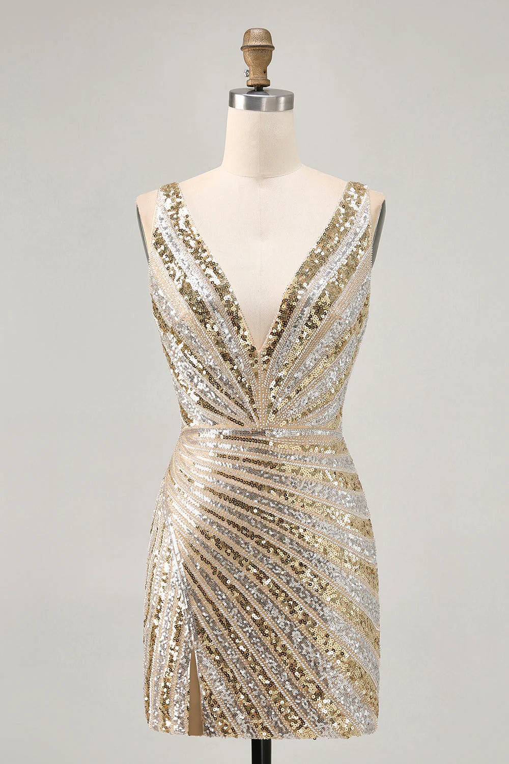Sparkly Sequins Golden V Neck Backless Short Homecoming Dress