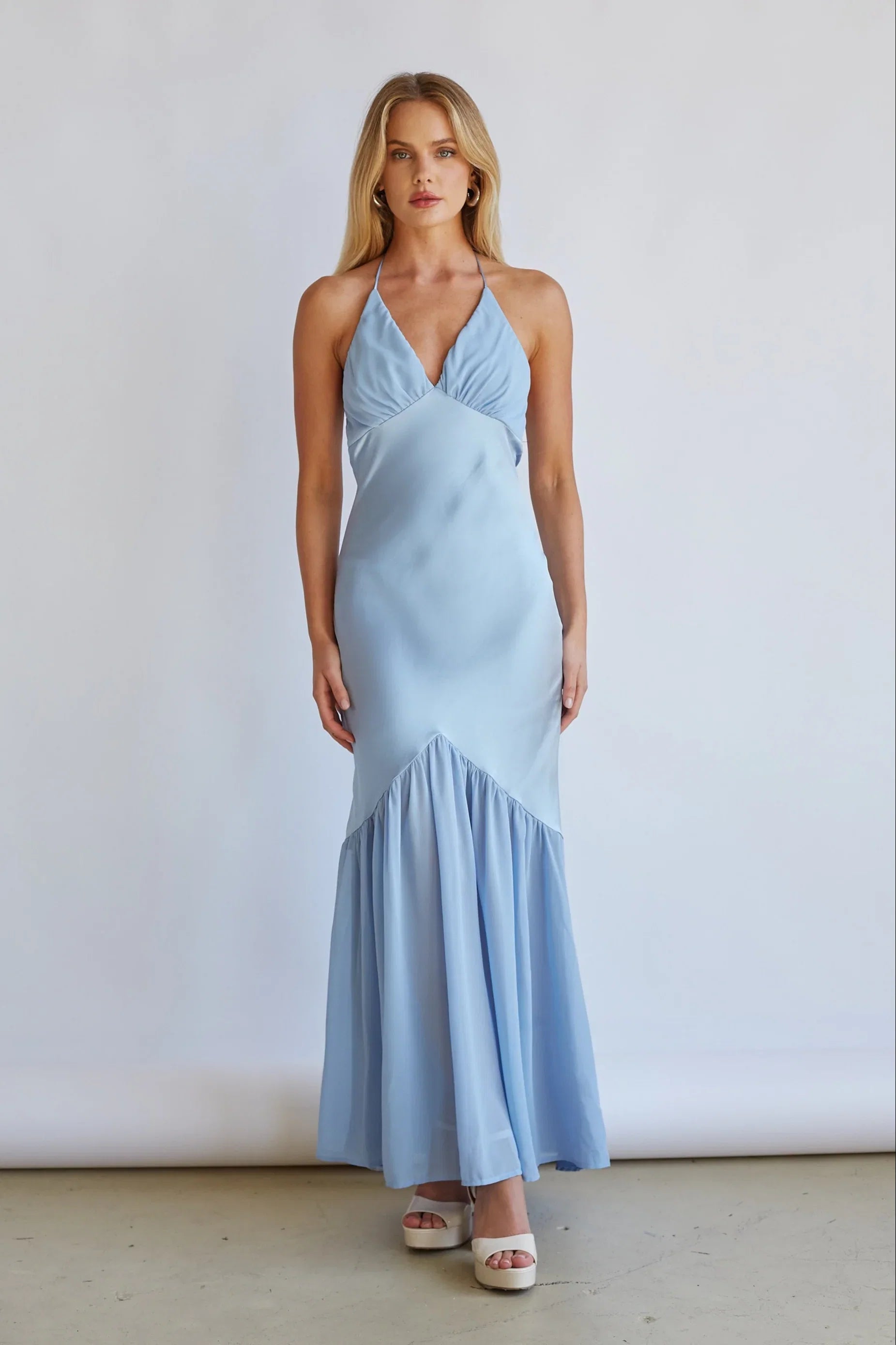 Lucinda Halter V Neck Open Back Satin Midi Dress