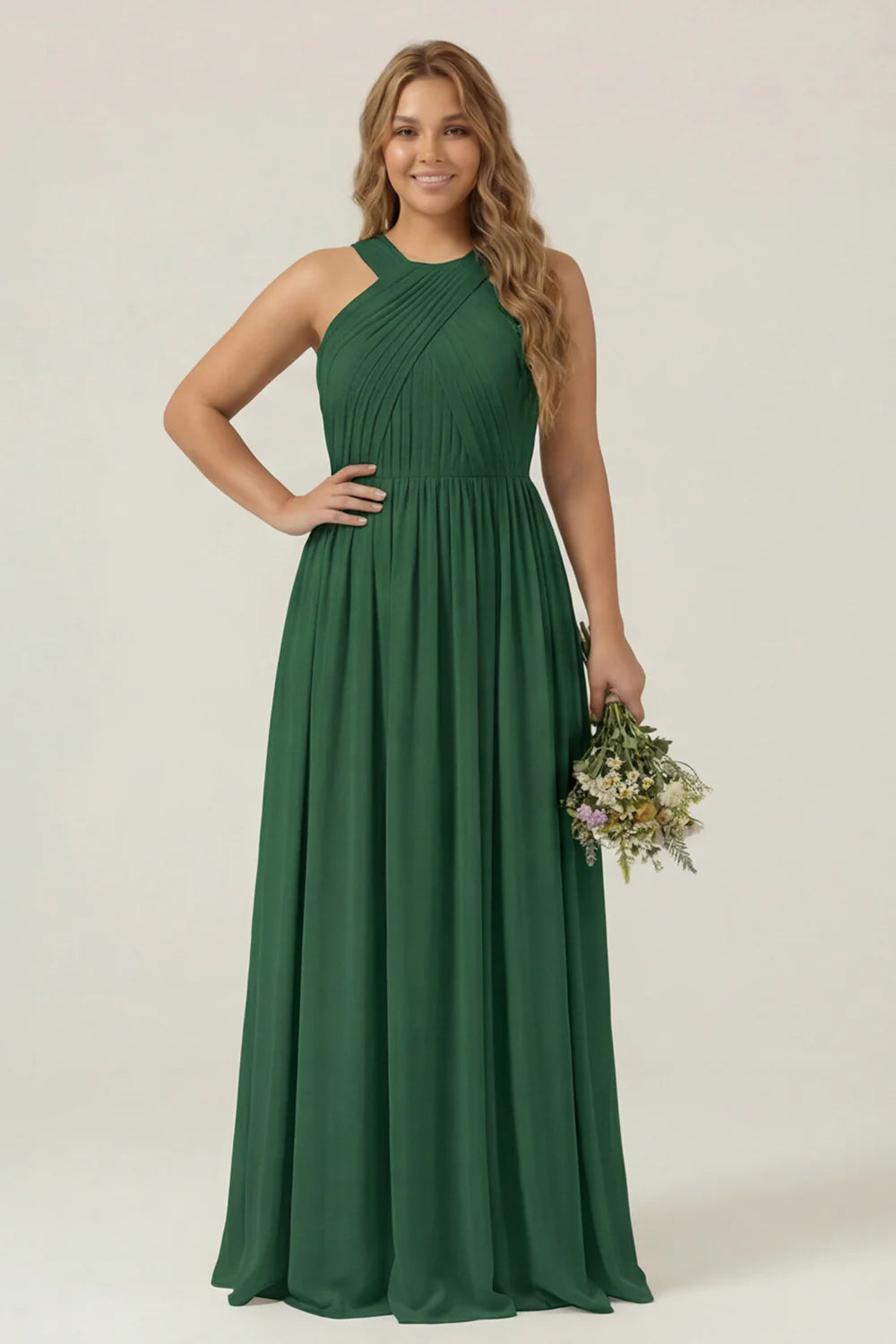 Dusty Sage Plus Size Halter A Line Chiffon Long Bridesmaid Dress