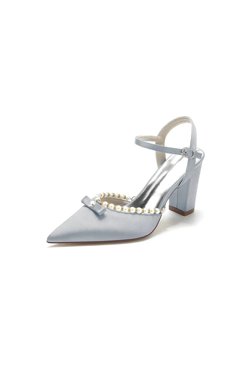Pearl Pointed Toe Ankle Strap Chunky Heels With Bow