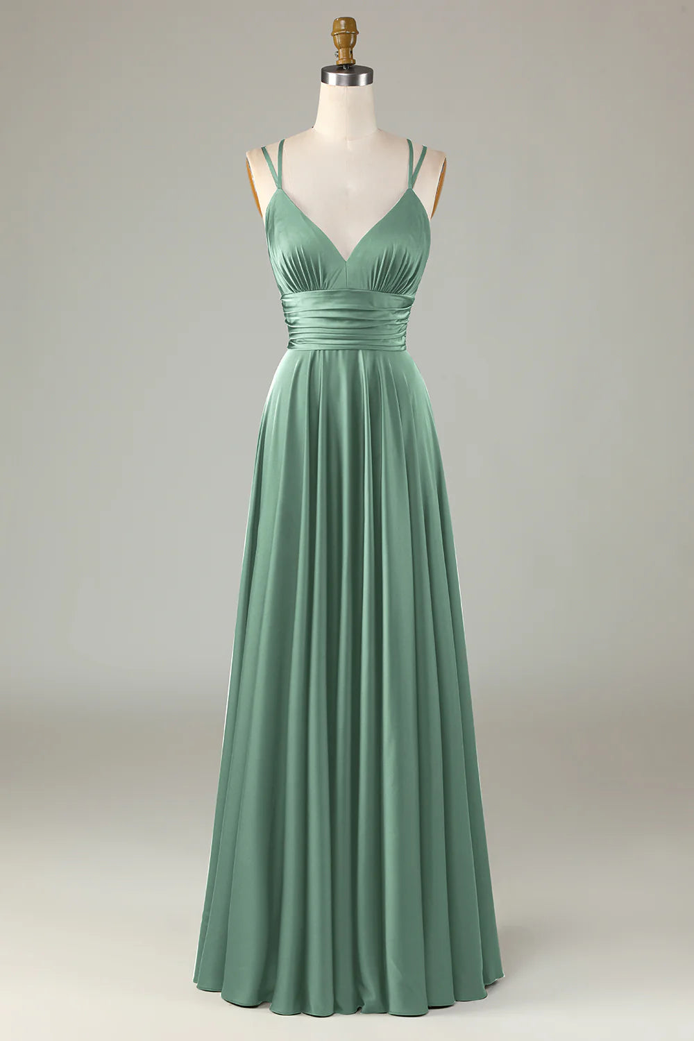 Eucalyptus A Line Spaghetti Straps Floor Length Satin Bridesmaid Dress