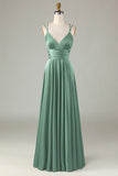 Eucalyptus A Line Spaghetti Straps Floor Length Satin Bridesmaid Dress