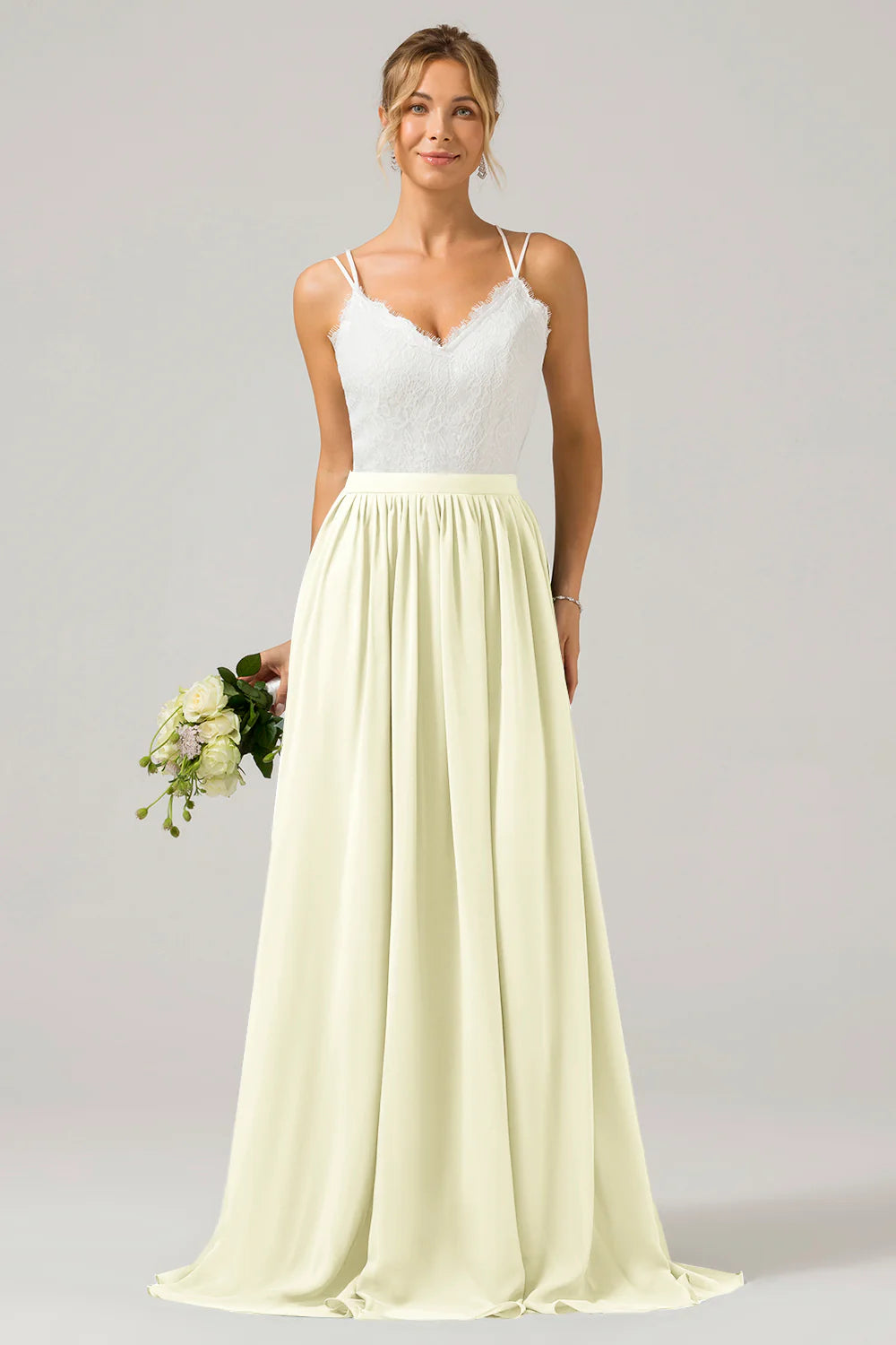 A Line Spaghetti Straps Pleated Long Bridesmaid Dress With Lace