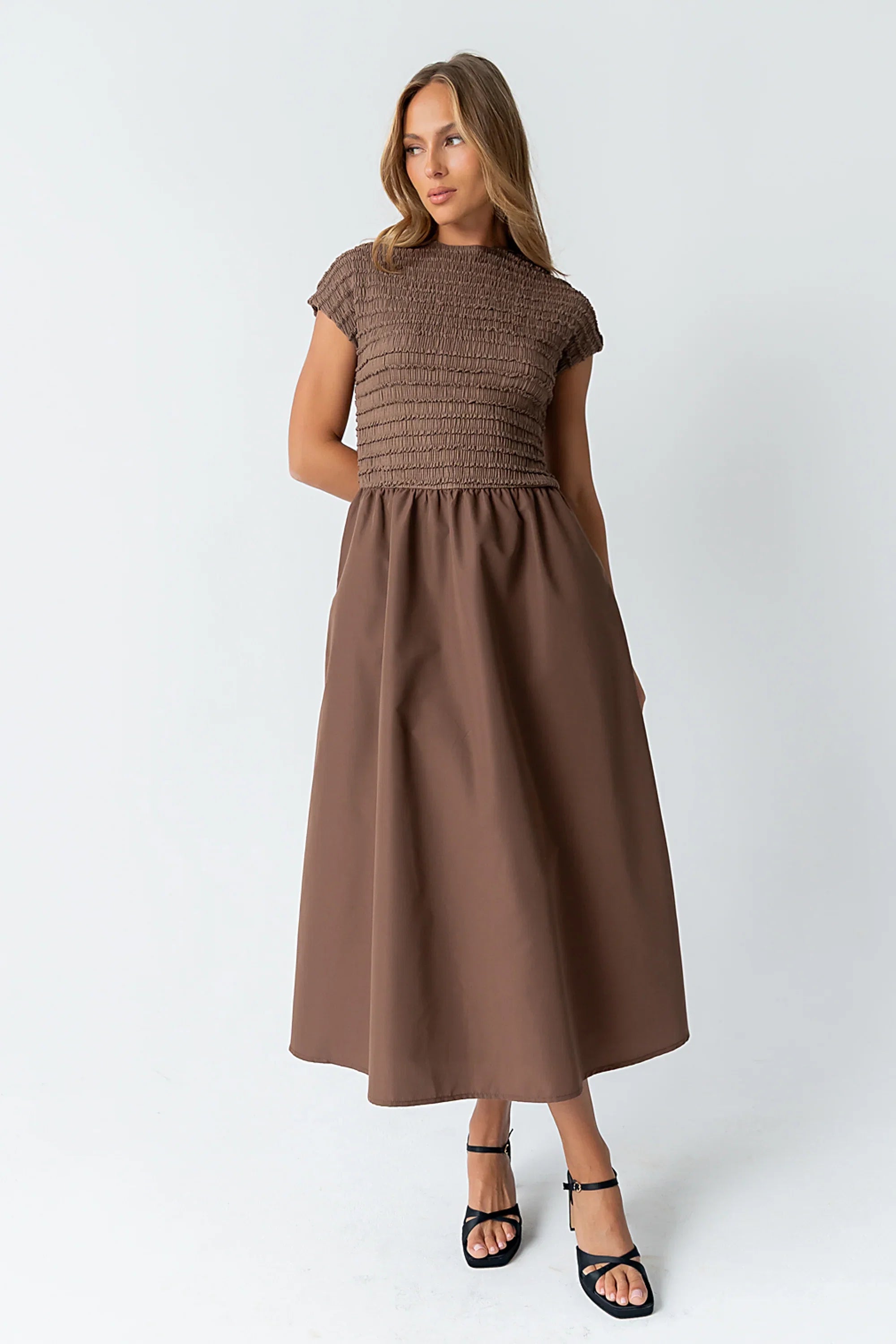 Lorie Mixed Media Maxi Dress in Brown