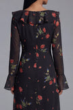 Black Floral Ruffled A Line Midi Wedding Guest Dress with Long Sleeves