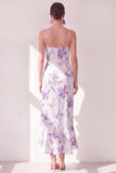 Lilac Flower Chiffon Ruffled Sheath Midi Dress with Slit