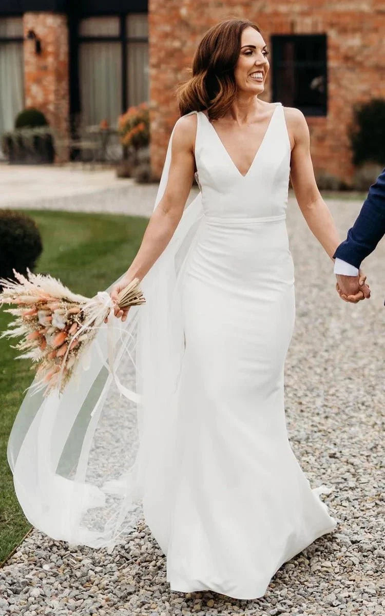 Simple Casual Trumpet V neck Sleeveless Wedding Dress for Women Floor length with V Back Long Train