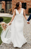 Simple Casual Trumpet V neck Sleeveless Wedding Dress for Women Floor length with V Back Long Train