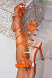 Strappy Orange Beaded Stiletto High Heel Sandals With Butterflies