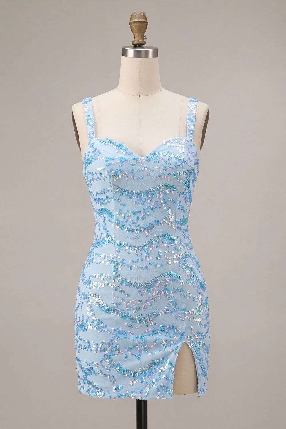Bodycon Sky Blue Sequin Short Homecoming Dress with Slit